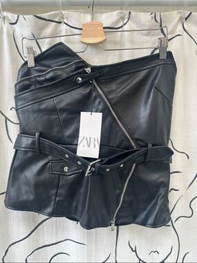 ZARA Black Faux Leather Moto Bustier with Asymmetric Zipper and Belt